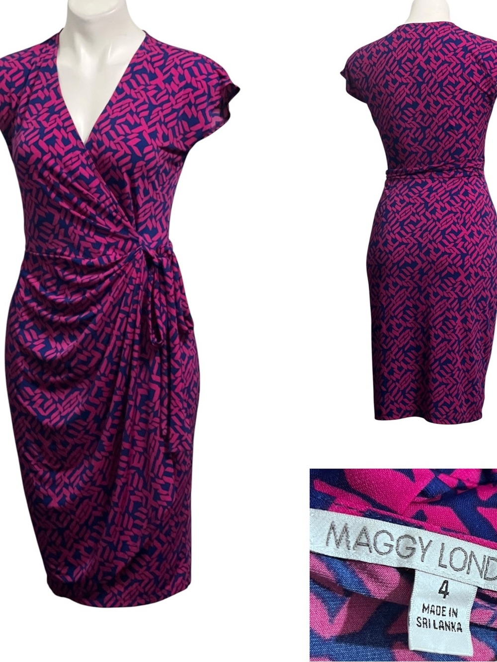 Maggy London wrap dress sz 4 pink multicolor Sheath cap sleeve office church